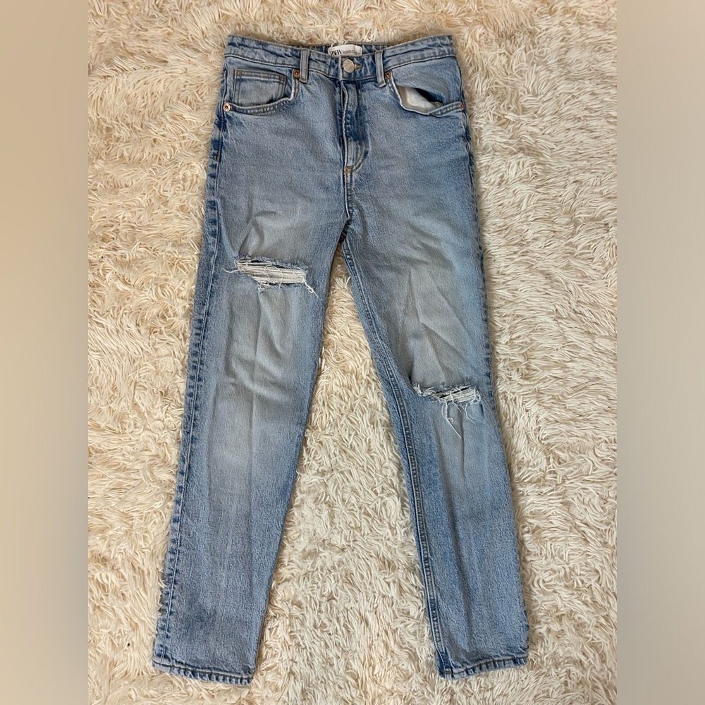 Zara distressed skinny leg high rise cotton denim washed blue jeans size 4